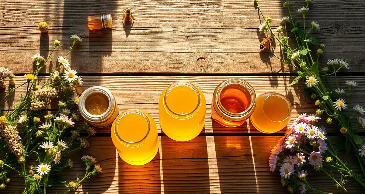 Premium Michigan honey varieties from commercial beekeeping Golden Michigan basswood honey in glass jars surrounded by wildflowers and clover from commercial pollination operations