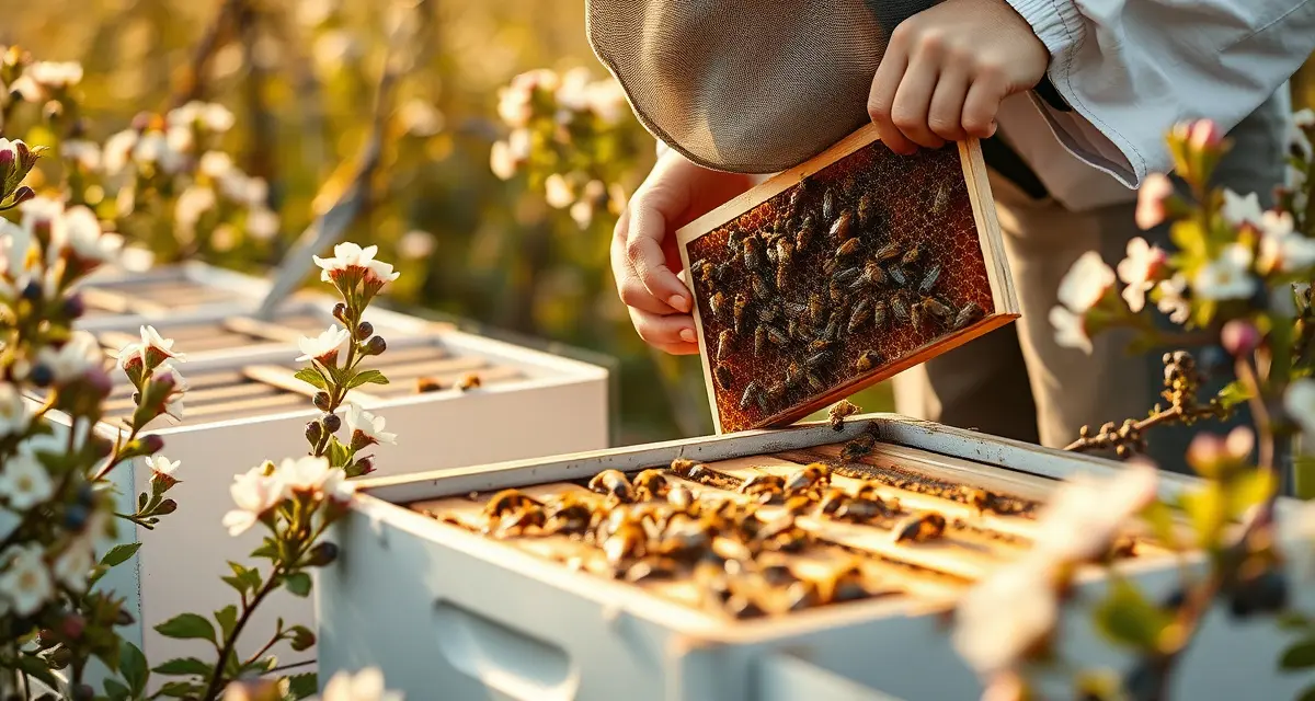 Commercial bee logistics for Michigan blueberry pollination operations Beekeeper examining honeybee frame in commercial hive positioned in Michigan blueberry orchard during spring pollination season with blooming plants visible.