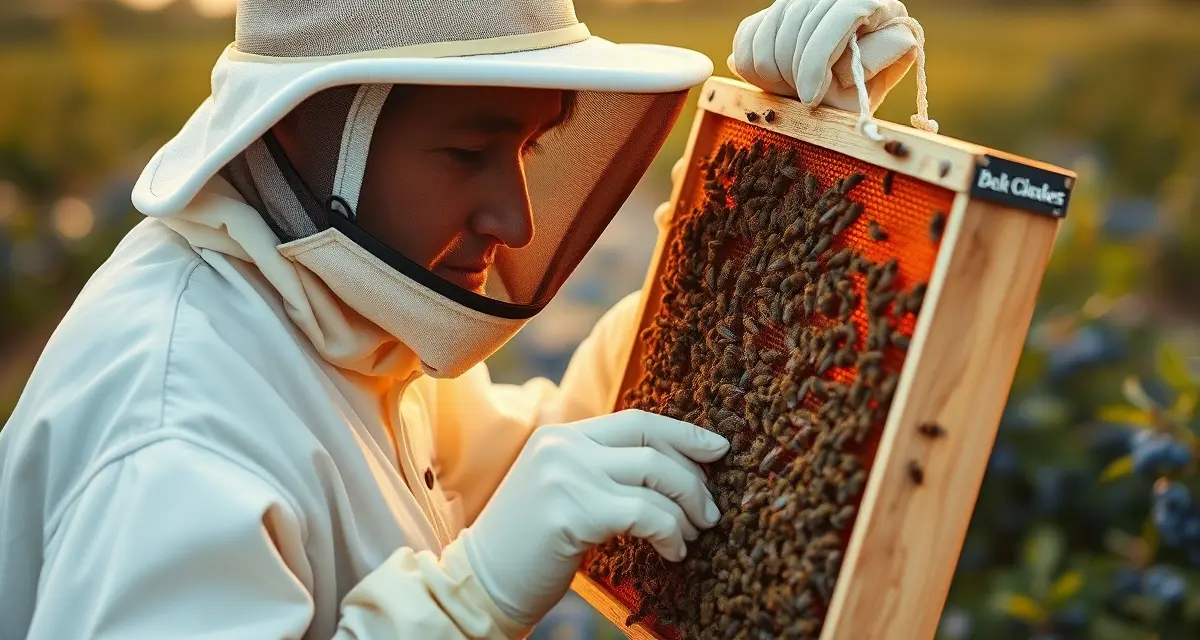 Bee health inspection for Michigan blueberry pollination operations Commercial beekeeper inspecting honey bee colony for Michigan blueberry pollination compliance and health certification requirements.