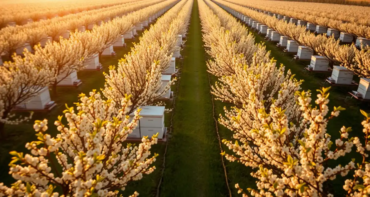 Cherry pollination operations in Michigan's Traverse City region Commercial cherry orchard in Michigan with honeybee hives positioned for pollination services during spring bloom season