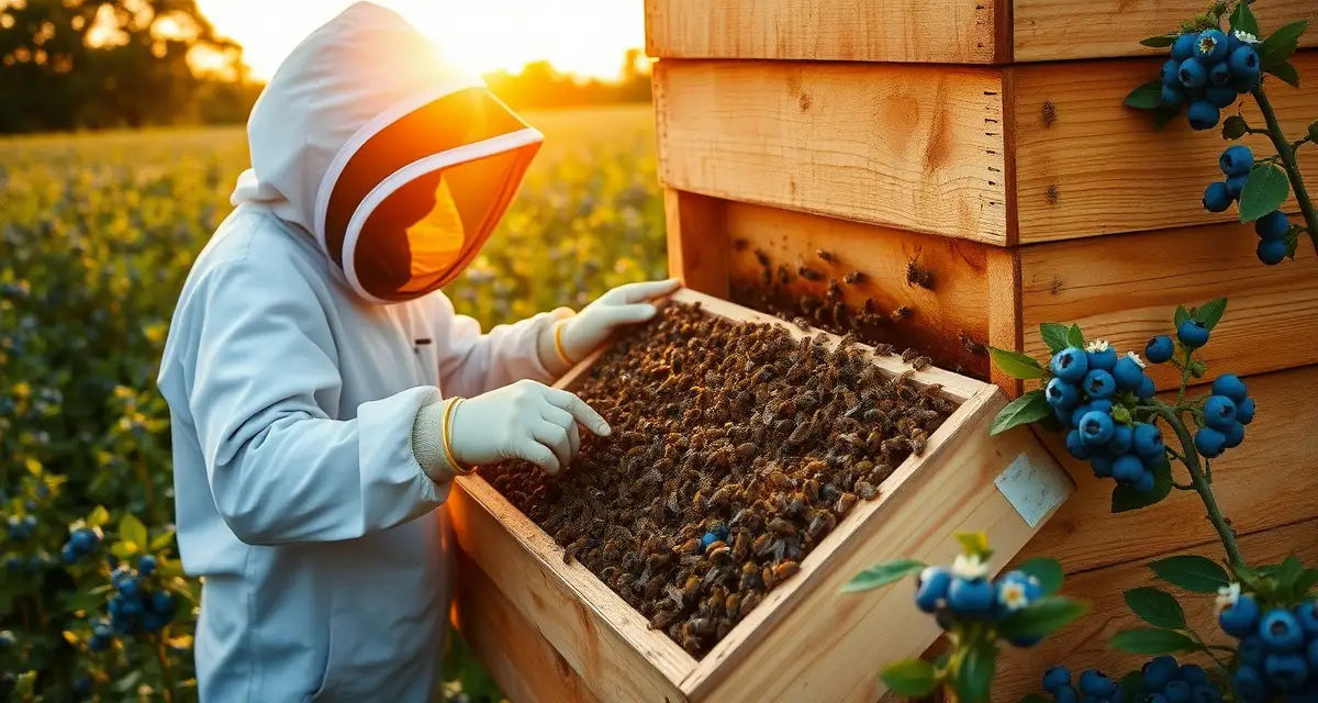 Commercial beekeeping operations in Michigan Beekeeper inspecting honeybee frame in Michigan commercial apiary for blueberry and fruit crop pollination operations