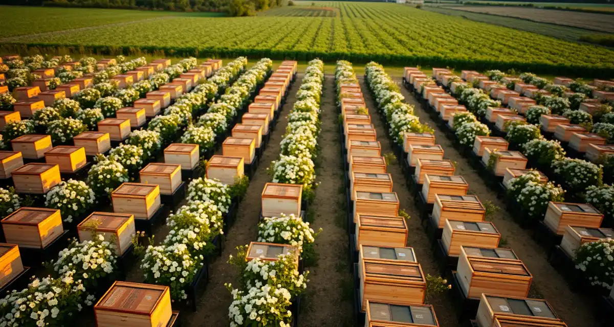 Michigan commercial pollination hive placement strategy Commercial beehives positioned in Michigan blueberry field for intensive pollination during peak bloom season with organized hive density management