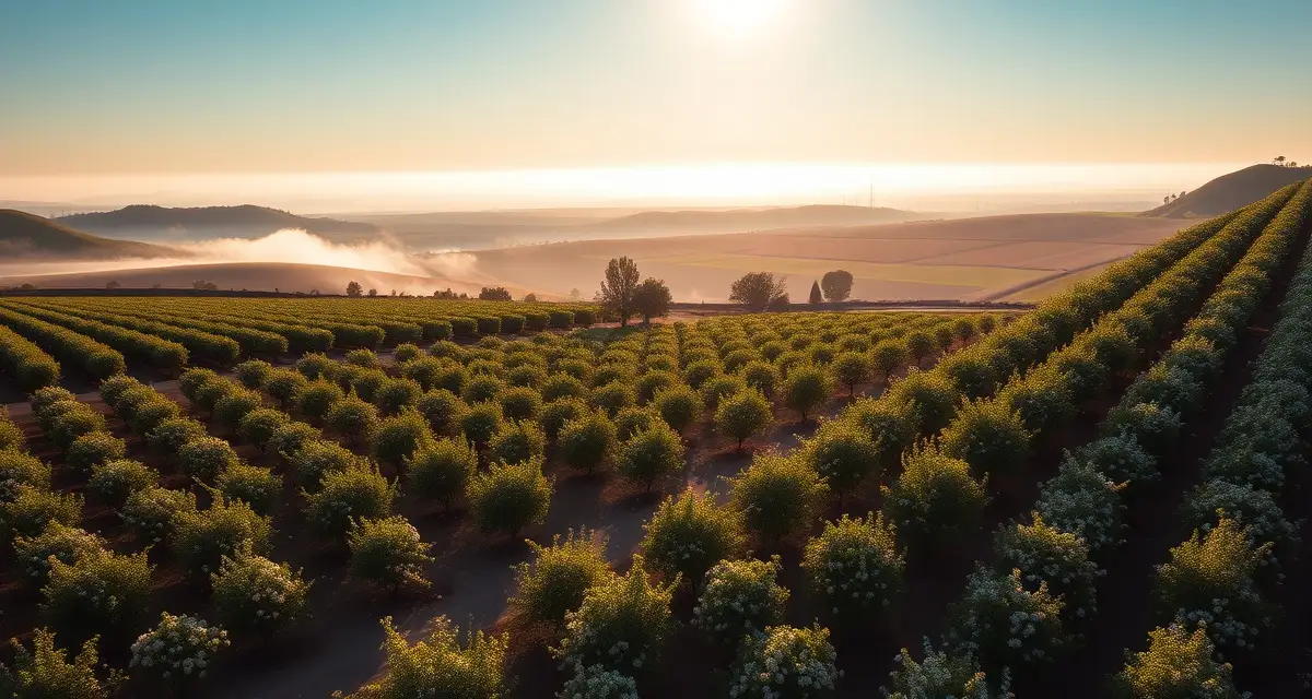 Microclimate variations influencing bloom timing for commercial pollination Aerial view showing microclimate differences affecting bloom timing across valley orchards and hillside farms for pollination beekeeping operations.