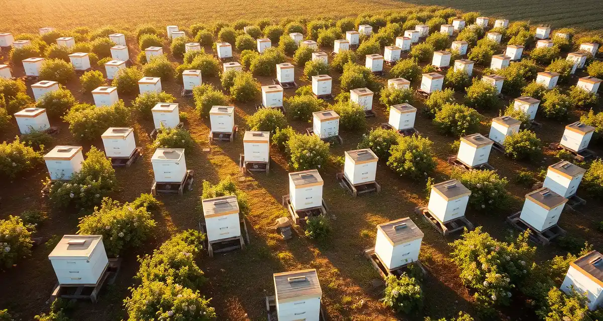 Pollination service operations in New Jersey blueberry production Commercial beehives positioned in organized rows across a blueberry farm for pollination service operations in the Mid-Atlantic region.