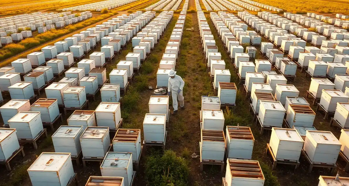 Commercial beekeeper managing mid-scale pollination operation Mid-size commercial beekeeping operation with organized hives and beekeeper managing 200-2000 hive logistics efficiently