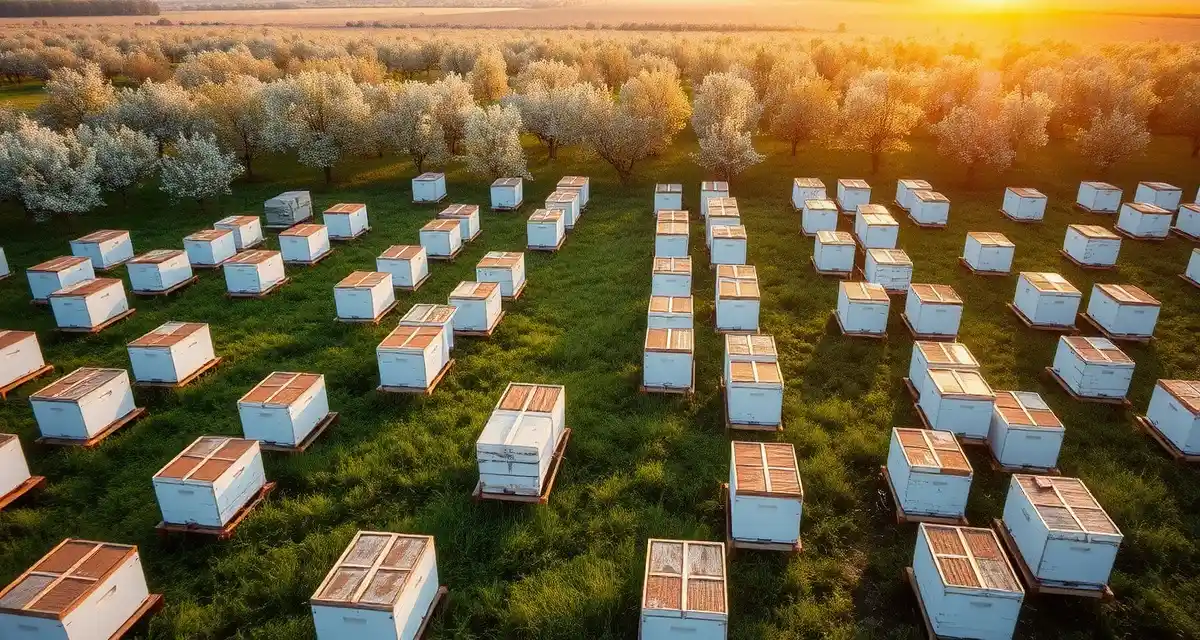 Midwest beekeeping operation hive placement Commercial beekeeping hives positioned in Midwest pollination circuit field during spring bloom season with flowering trees visible