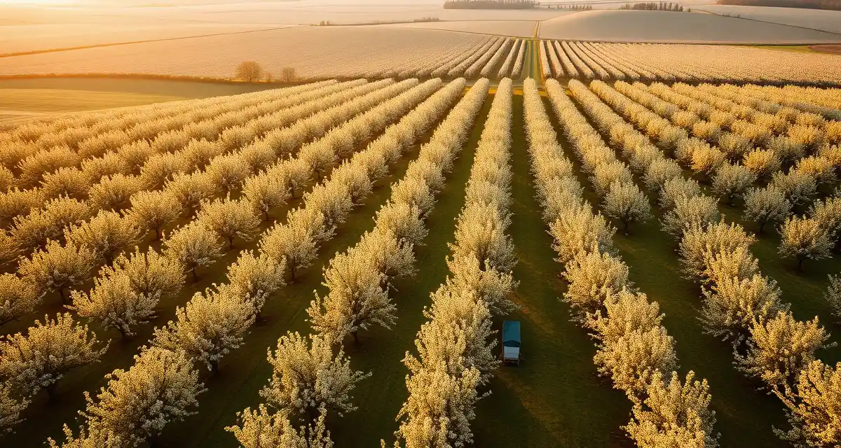 Commercial pollination logistics across Midwest orchards Midwest pollination service showing beehives positioned in blooming cherry and apple orchards during spring crop season for commercial operations.