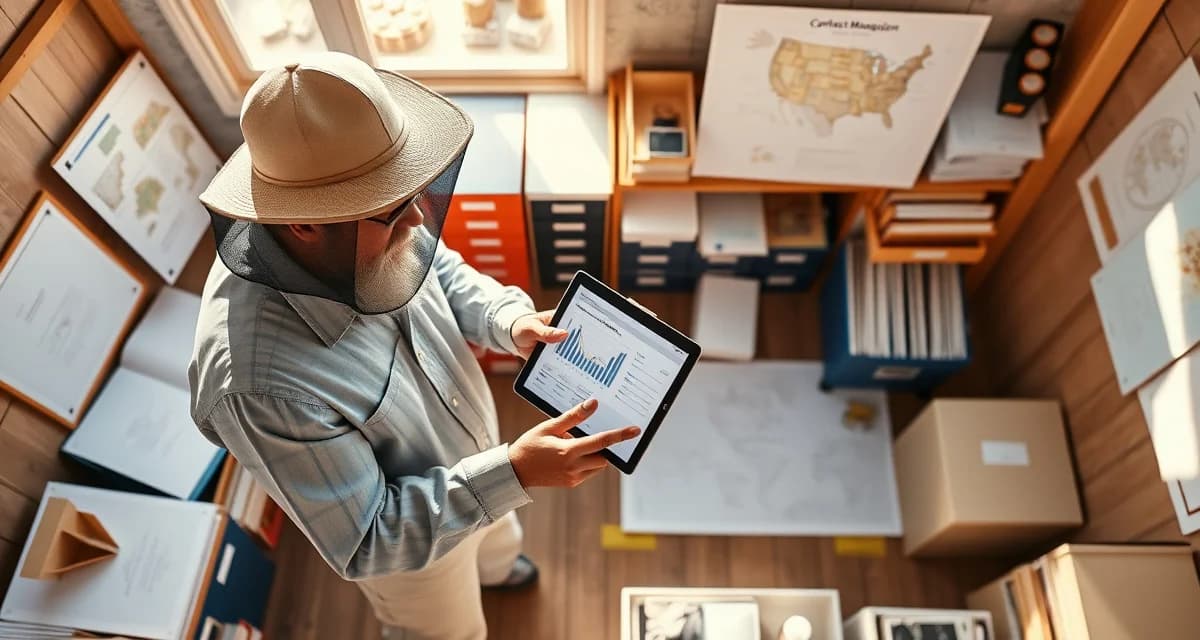 Contract coordination platform for commercial pollination operations Beekeeper managing multi-grower contracts on digital dashboard displaying hive placements and invoicing across multiple states