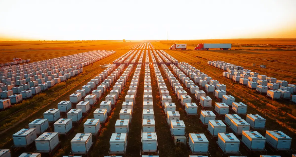 Commercial bee hive logistics and contract management Migratory beekeeper operations showing organized hives and transport logistics for interstate pollination contract management