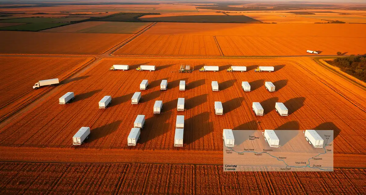 Migratory beekeeping fleet coordination and route planning Aerial view of commercial beekeeping fleet trucks and trailers organized across agricultural field with GPS route mapping for multi-state migratory operations