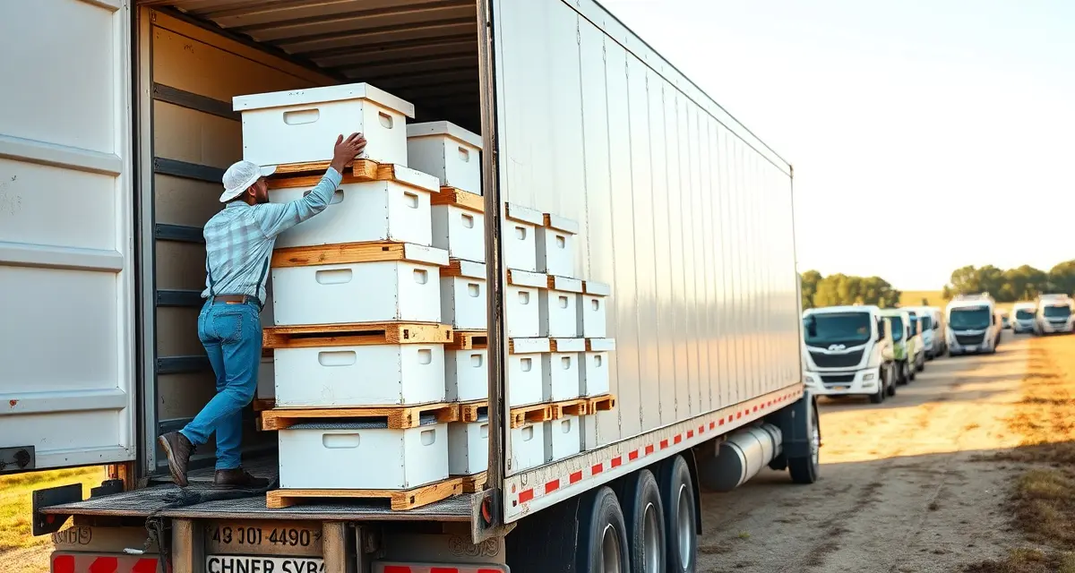 Efficient hive loading for migratory beekeeping routes Commercial beekeeper organizing hive loads on transport truck for migratory pollination operations to optimize logistics