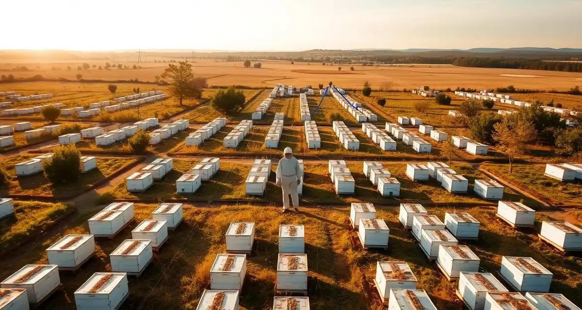 Multi-yard beekeeping logistics and coordination Aerial view of multiple beekeeping yards with organized hive placement and logistics coordination systems for commercial pollination operations.