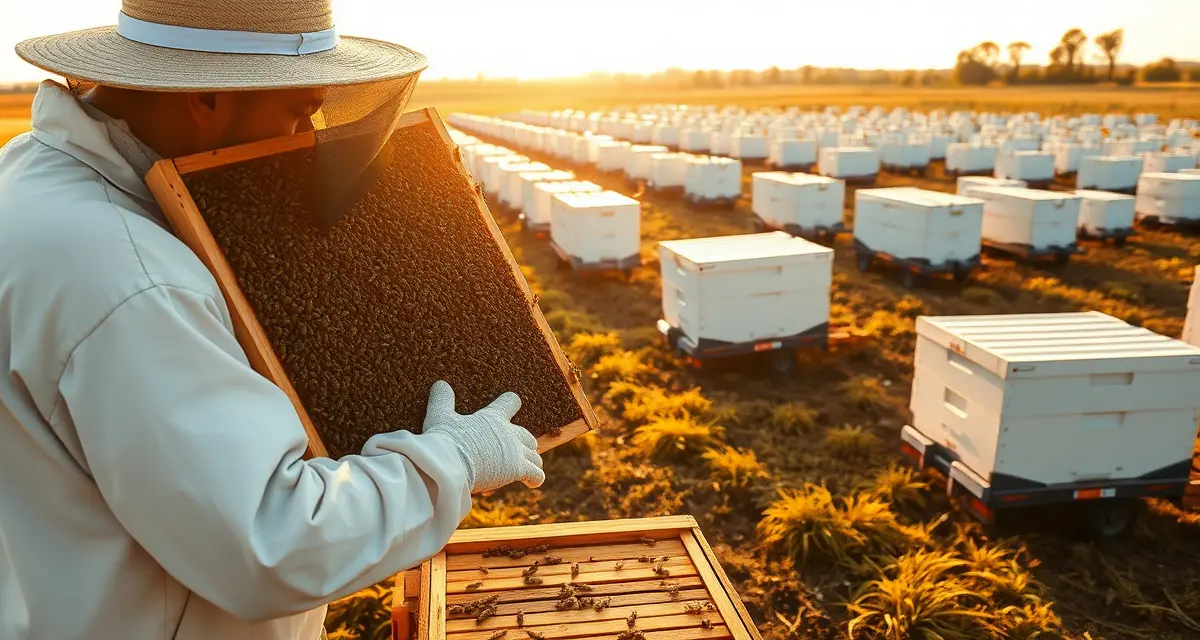 Industrial-scale bee migration for commercial pollination services Commercial beekeeper inspecting bee colony frames during migratory beekeeping operations with transport trucks in background