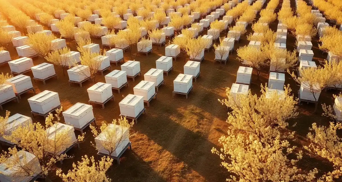 Migratory beekeeping seasonal calendar operations guide Commercial migratory beekeeping operation showing organized bee hives in California almond orchard during spring pollination season