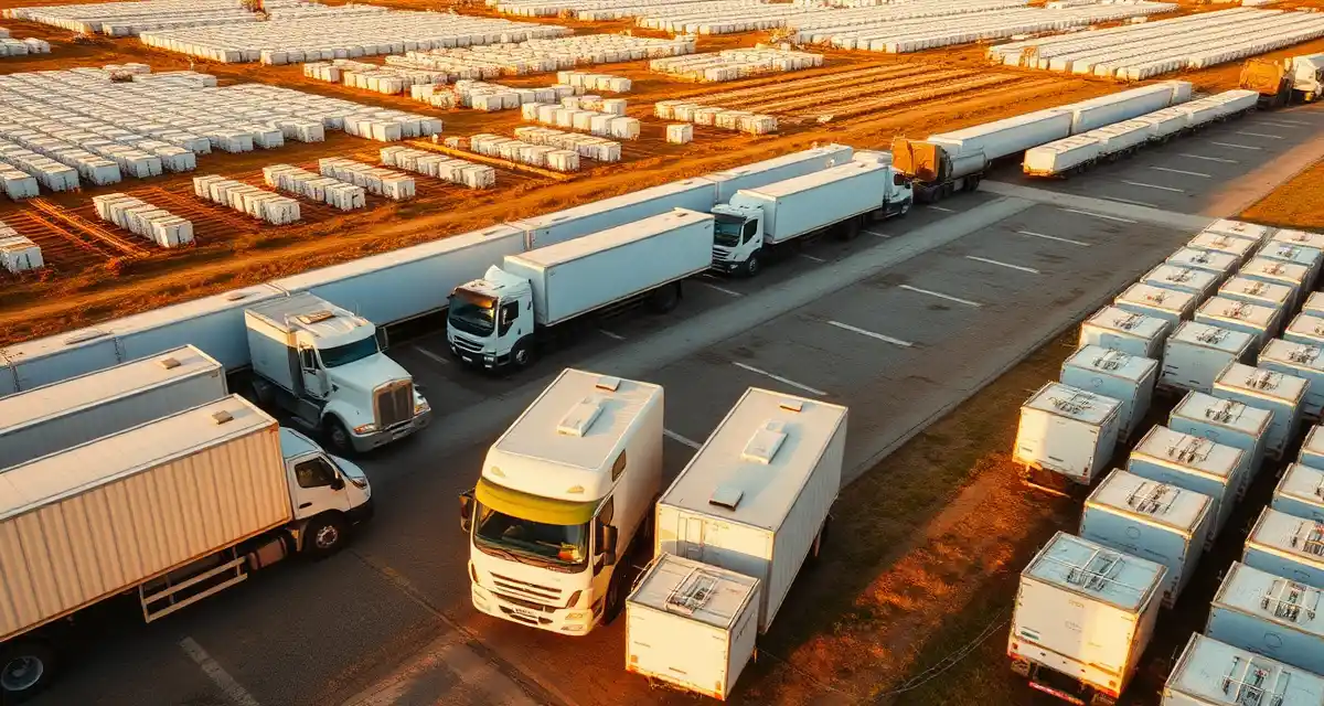 Migratory bee operation logistics Commercial migratory beekeeping operation showing trucks and hives organized for multi-state pollination logistics and fleet management