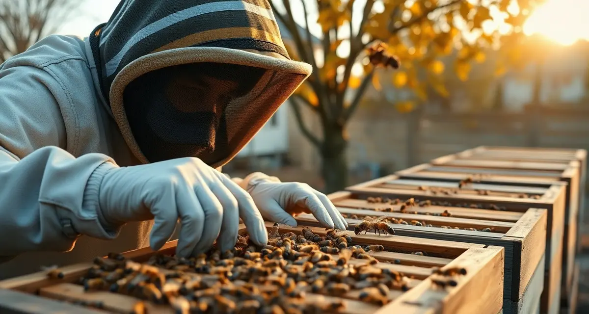 Winter yard setup for commercial migratory beekeeping Beekeeper assessing colony strength and bee frame condition during winter preparation for migratory beekeeping operations