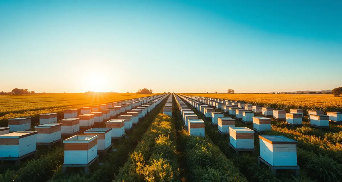 Professional yard rotation setup for commercial pollination operations Organized beehive boxes arranged for migratory beekeeping yard rotation across a sunny farm field with crop placement strategy visible.
