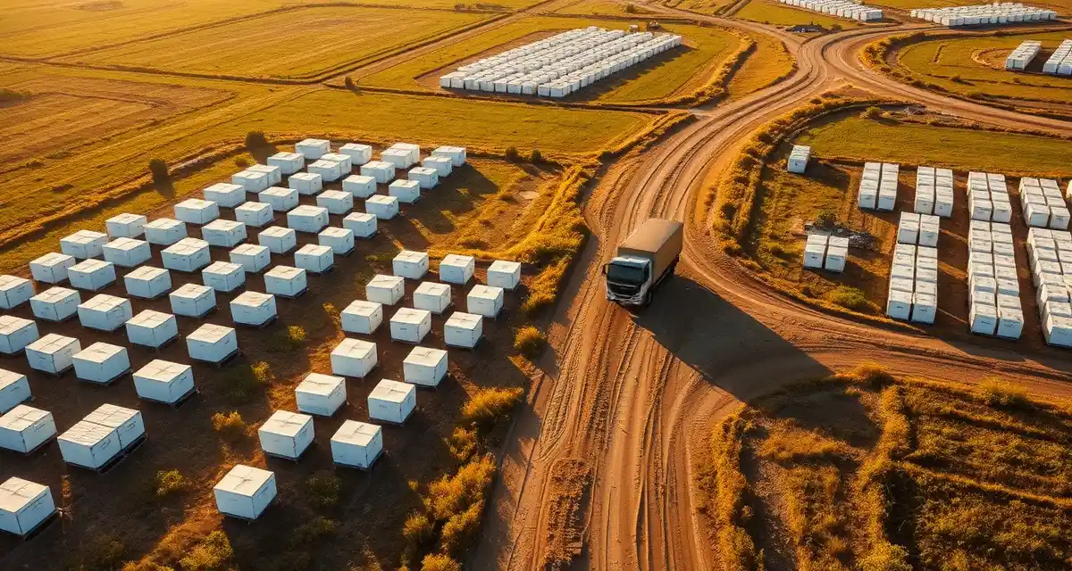 Commercial pollination circuit logistics Aerial view of commercial bee hives and logistics truck on migratory route planning for beekeeping operations