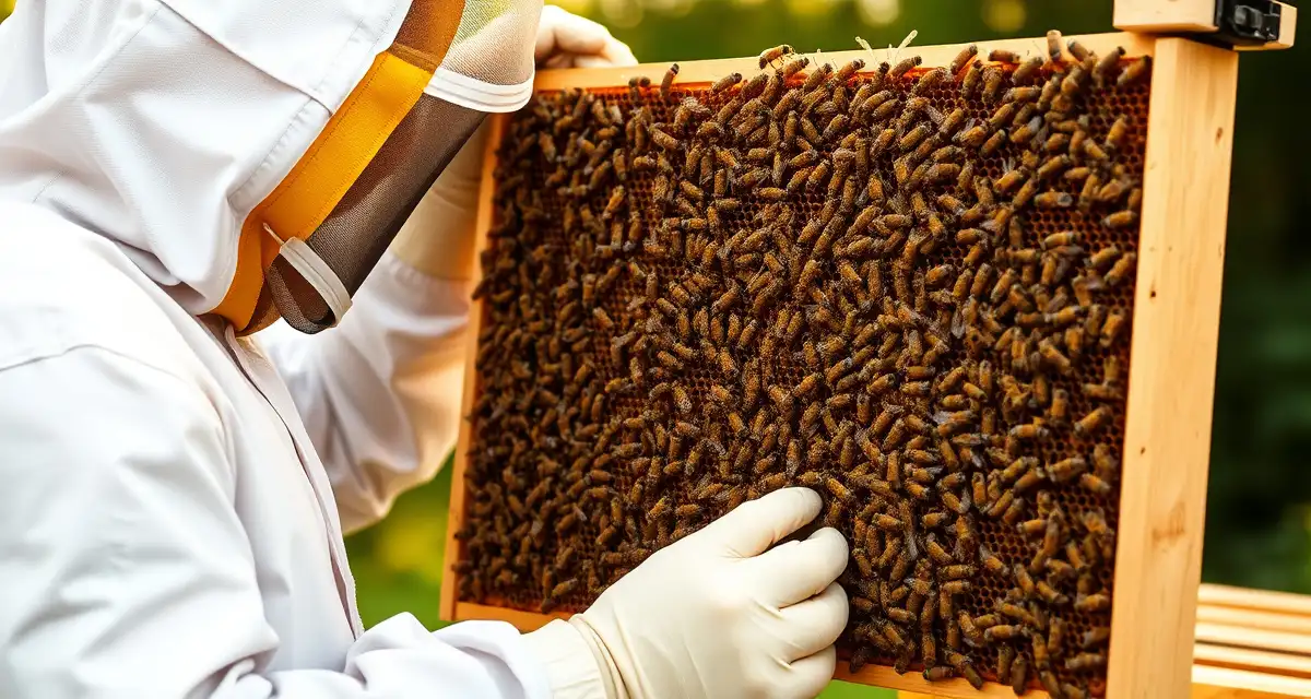 Hive strength assessment for commercial pollination operations Beekeeper inspecting hive frame with minimum bee strength standards for pollination contracts compliance