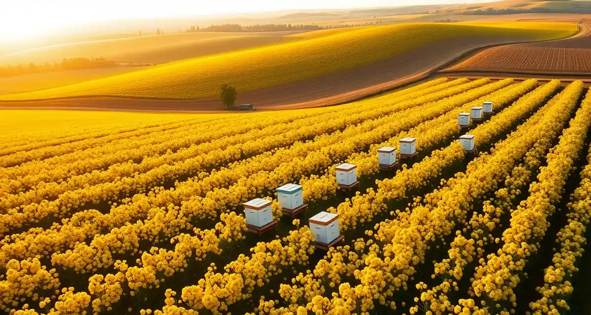 Strategic hive placement for Minnesota canola pollination contracts Honeybee colonies positioned in a Minnesota canola field during peak bloom season for commercial pollination operations
