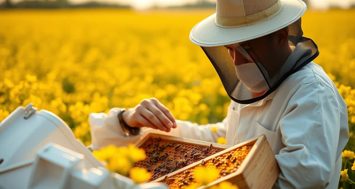 Commercial canola pollination in Minnesota Beekeeper examining honey frames with Minnesota canola field in bloom background during commercial pollination operations
