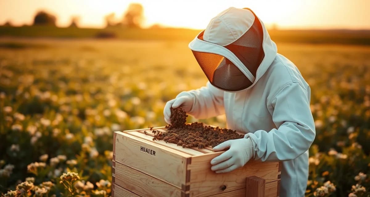 Minnesota honey production and commercial pollination operations Commercial beekeeper inspecting honeycomb frame in Minnesota clover field with diverse flora and basswood trees