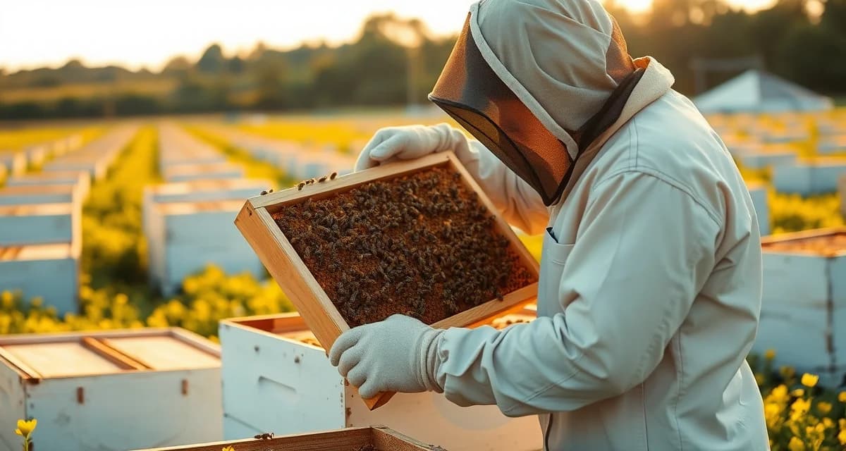 Minnesota apiary inspection and registration requirements Commercial beekeeper inspecting honeybee frame during Minnesota apiary registration and compliance inspection process