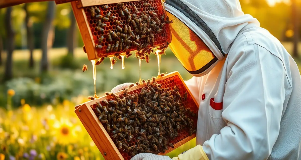 Minnesota commercial beekeeping operations Beekeeper inspecting honeycomb frame during commercial honey production in Minnesota with wildflower fields visible