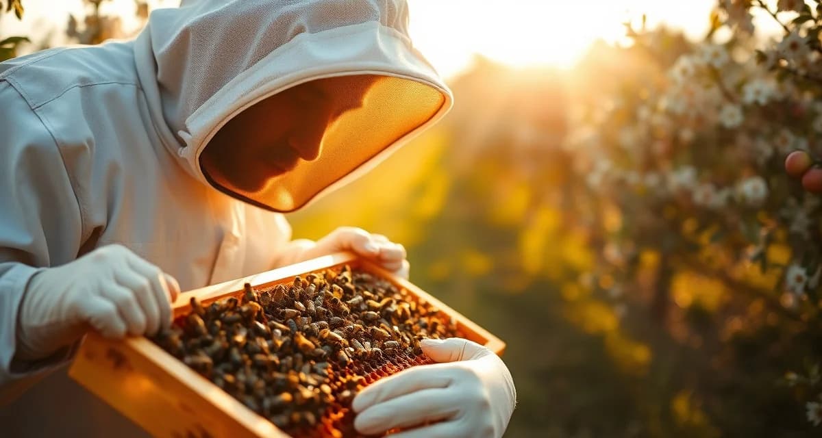 Professional bee pollination management in Minnesota Beekeeper managing honeybee hive for Minnesota commercial pollination service during spring bloom season