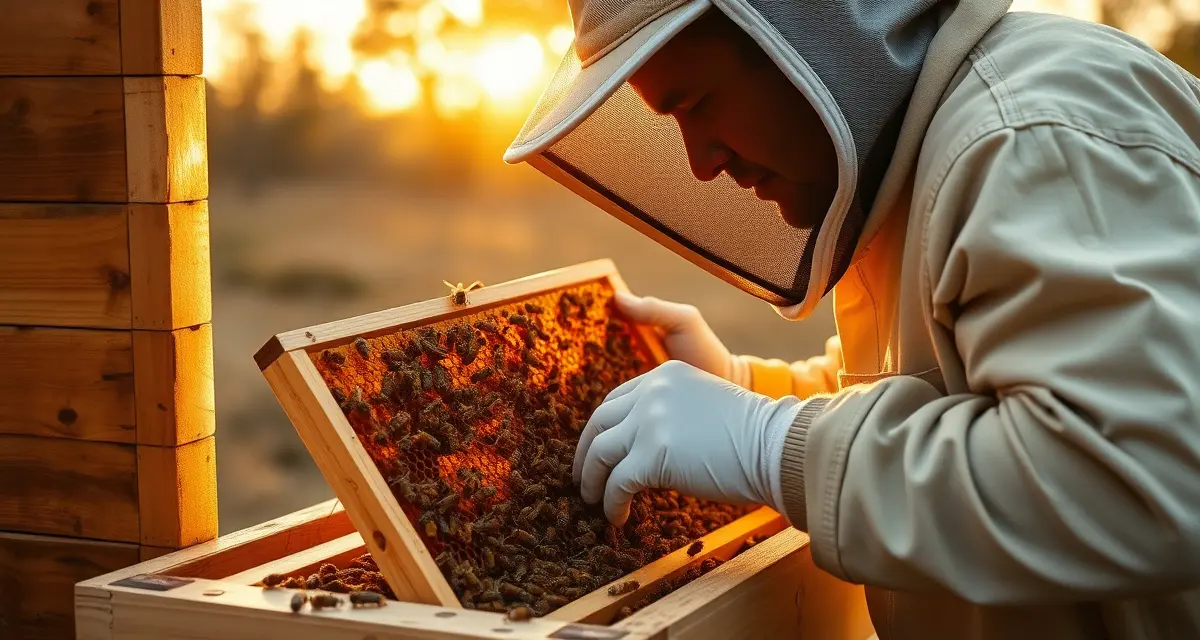 Mississippi commercial beekeeping operations compliance Commercial beekeeper inspecting honeybee frame in Mississippi apiary following state regulations and registration requirements