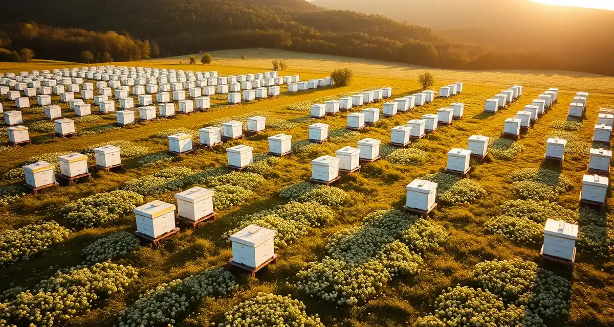 Missouri apiary pollination setup Commercial beekeeping operation in Missouri showing multiple white hive boxes in a flowering clover field with Ozark highlands in the background