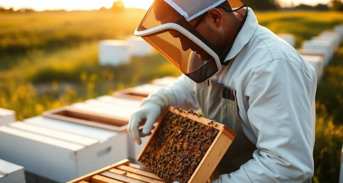 Missouri commercial beekeeping operations and apiary compliance Commercial beekeeper inspecting bee frames at Missouri apiary following state regulations and registration requirements