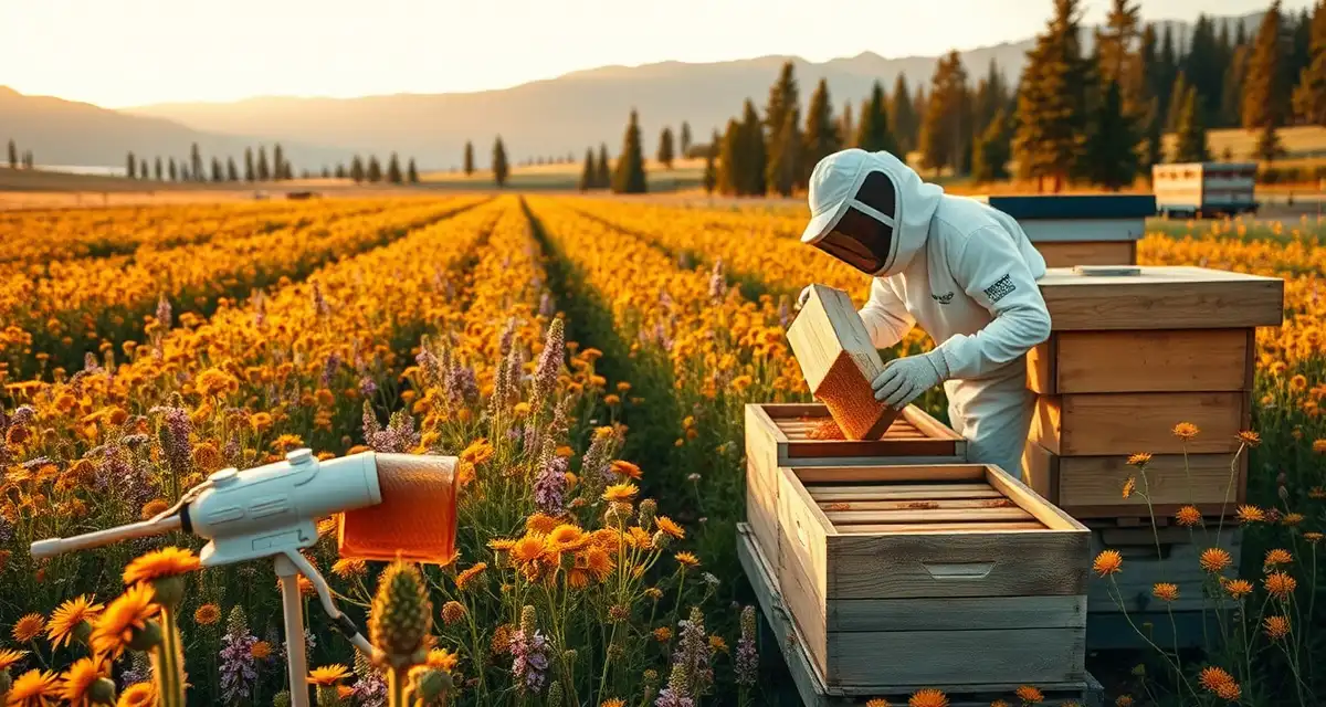 Montana honey production and frame inspection Beekeeper inspecting honey frame in Montana wildflower meadow during commercial honey production operation