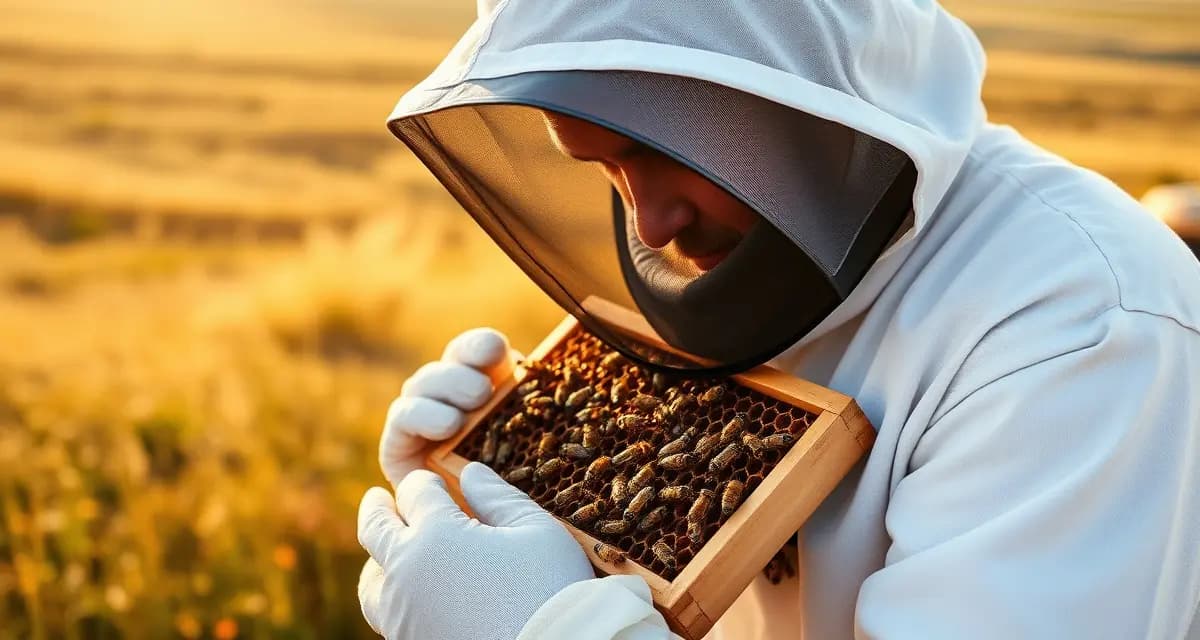 Montana apiary inspection and regulatory compliance for commercial beekeeping Commercial beekeeper inspecting honeybee frame during Montana apiary compliance and registration process for migratory operations