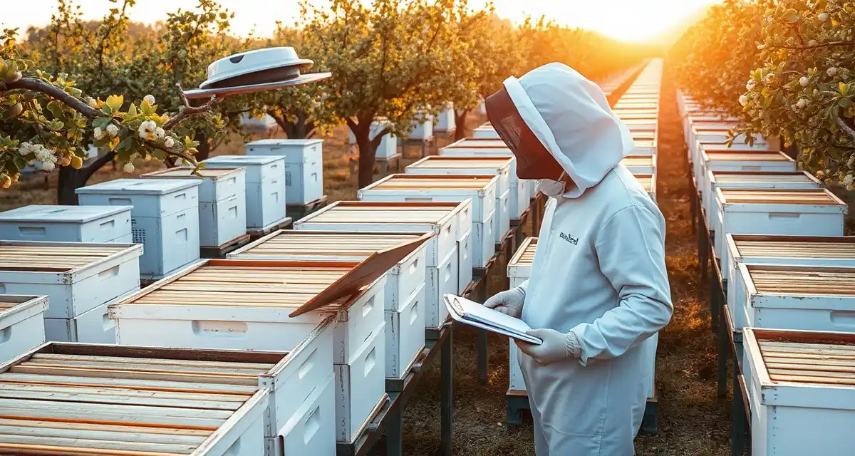 Coordinating multi-grower commercial pollination operations Professional beekeeper managing multiple hive locations in California almond orchard using systematic pollination management approach