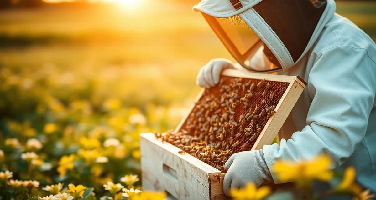 Nebraska apiary inspection and honey production Commercial beekeeper inspecting honey frame in Nebraska clover field for pollination operations and honey production