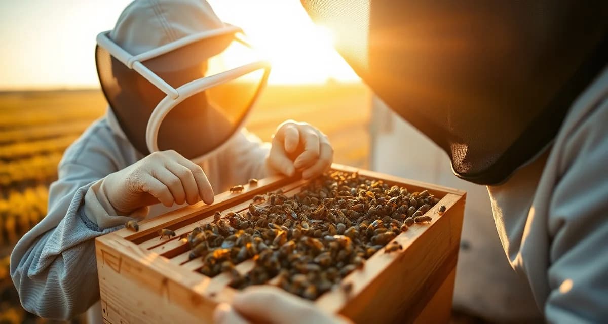 Nebraska commercial apiary inspection and hive management Commercial beekeeper inspecting honeycomb frame in Nebraska apiary, demonstrating proper hive management for regulated beekeeping operations