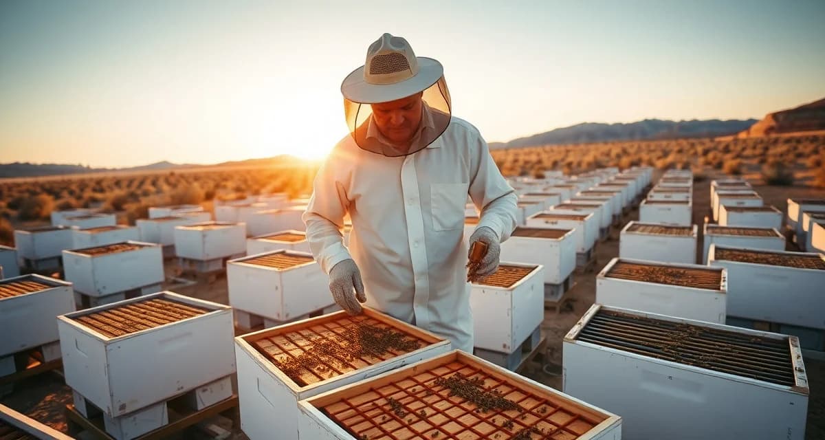 Nevada commercial beekeeping and pollination operations Commercial beekeeper inspecting honey bee colony frames at Nevada apiary during alfalfa pollination season
