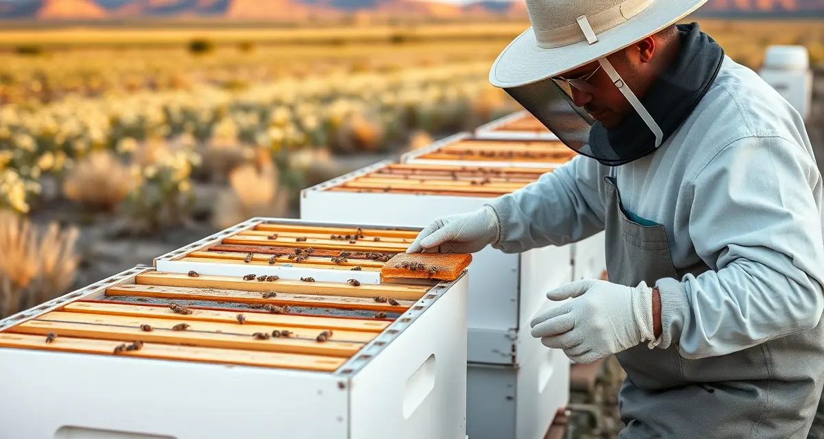 Nevada apiary compliance and hive management Commercial beekeeper inspecting hive frames in Nevada apiary with alfalfa seed production fields in background