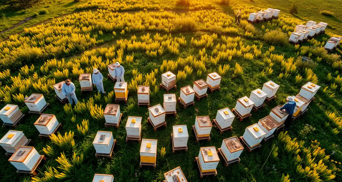New England beekeeping circuit spring operations Commercial beekeeping operation in New England showing organized hive placement and pollination circuit management during spring season