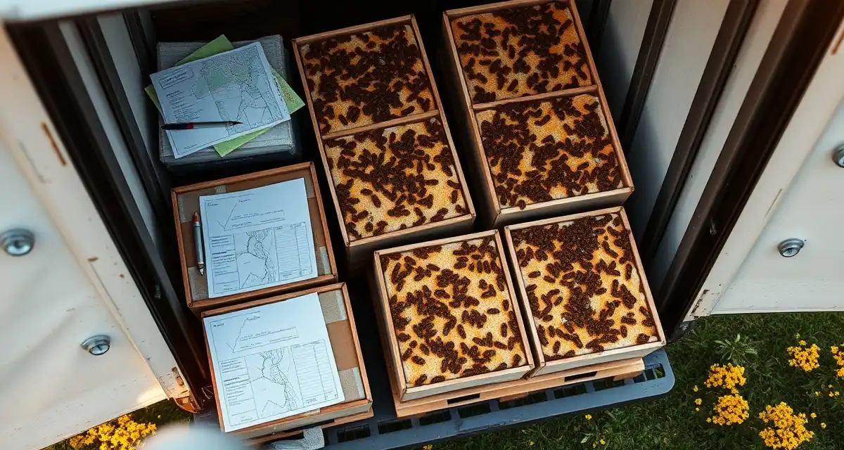 Pollination logistics coordination in New England Commercial pollination service truck loading bee colonies for New England apple and blueberry contracts