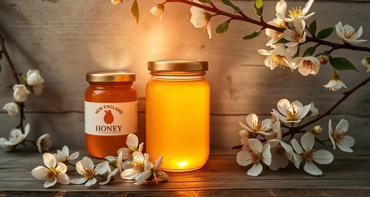 New England specialty honey production photography Premium New England wildflower and basswood honey in glass jars with regional flowers, showcasing high-value honey varietals for commercial beekeeping operations
