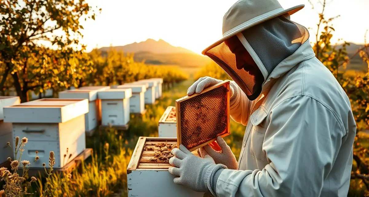 New Hampshire commercial beekeeping apiary inspection Commercial beekeeper inspecting honey frame in New Hampshire apiary with multiple hives and apple orchard visible in background