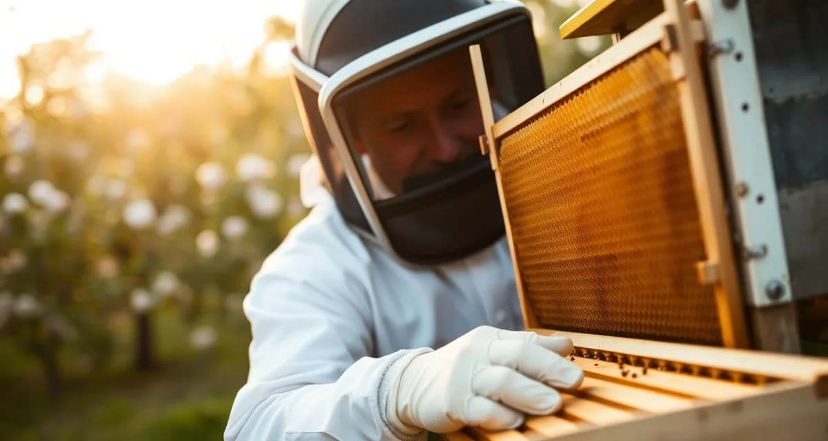 NH commercial beekeeping inspection Commercial beekeeper inspecting honeycomb frames in New Hampshire apiary with regulations compliance in mind
