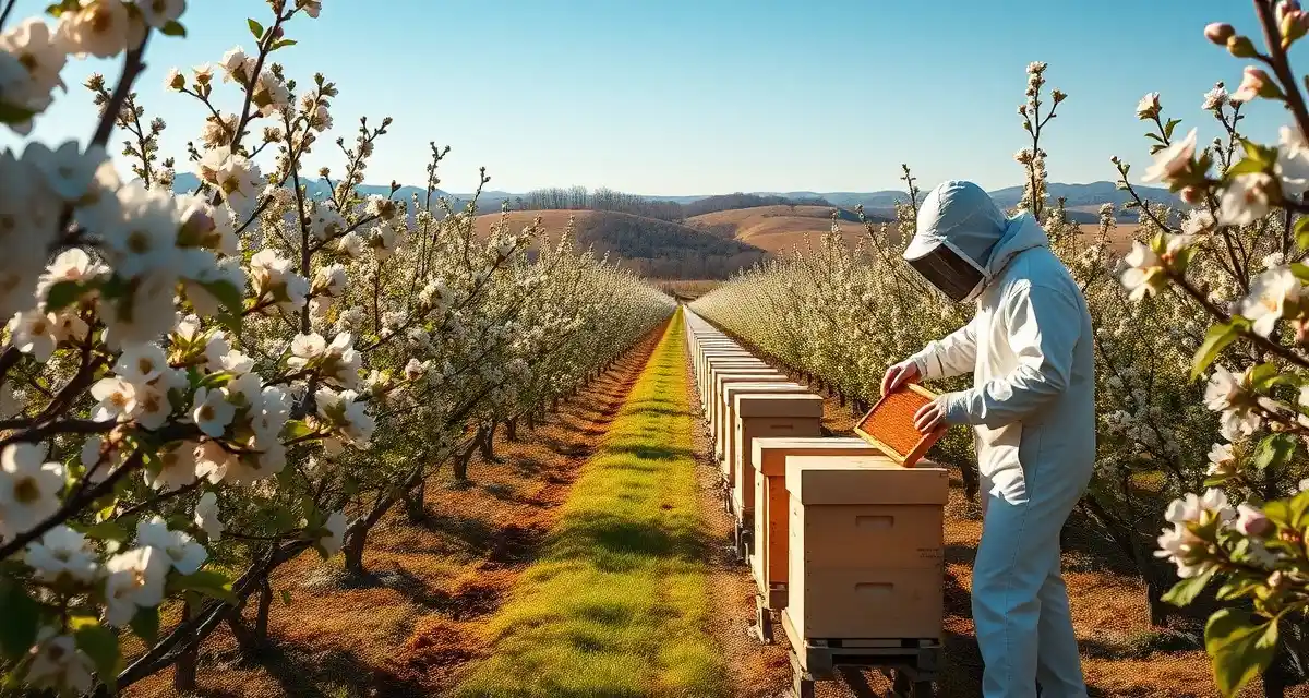 Apple orchard pollination setup in New Jersey Commercial honeybee colonies positioned among flowering apple trees in Sussex County, New Jersey orchards for spring pollination operations.