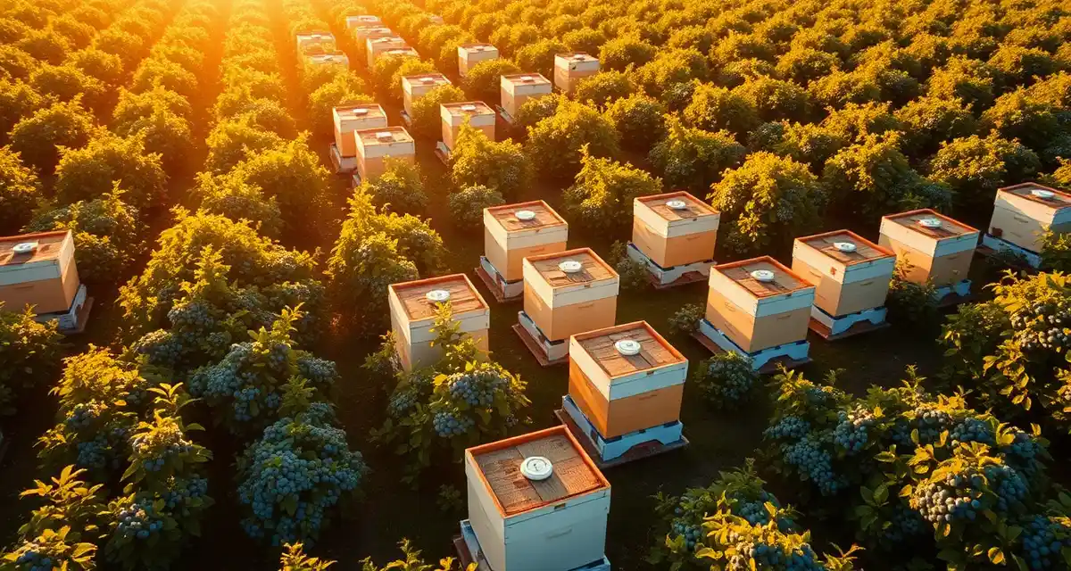 Blueberry Pollination Hive Placement Strategy Commercial honeybee hives positioned in New Jersey blueberry fields for seasonal pollination operations during peak June harvest.