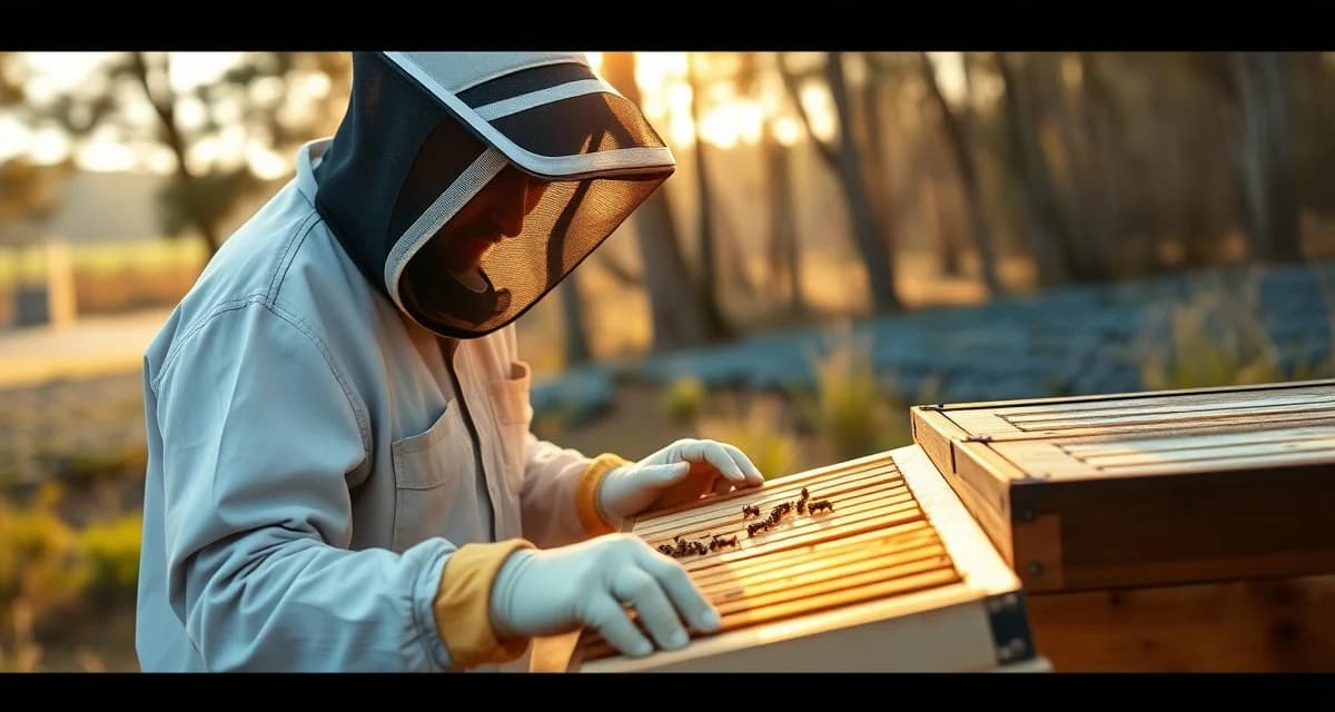 NJ commercial beekeeping apiary inspection requirements Commercial beekeeper inspecting apiary frames during New Jersey hive registration and inspection process with Pine Barrens landscape background