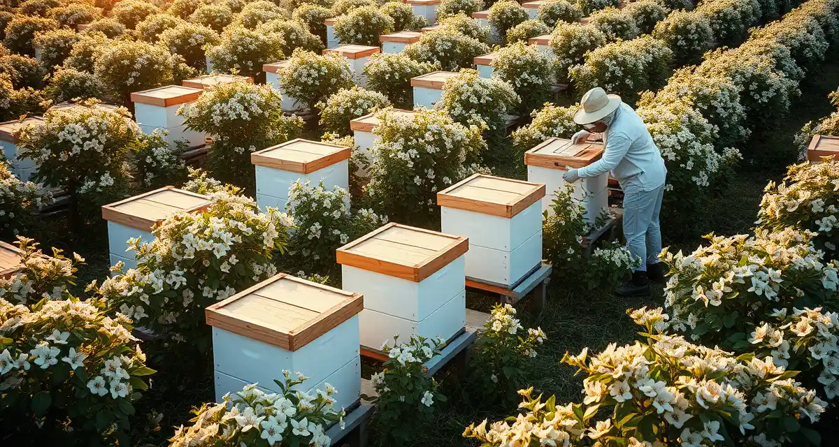 Beehives managing New Jersey blueberry and cranberry pollination Commercial pollination service in New Jersey with organized beehives positioned in a blueberry field during bloom season
