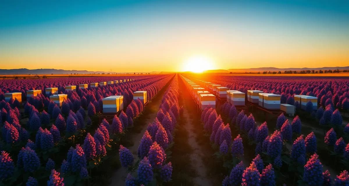 Alfalfa pollination hives in New Mexico Commercial beehives positioned in New Mexico alfalfa seed field during peak pollination season with blooming purple flowers
