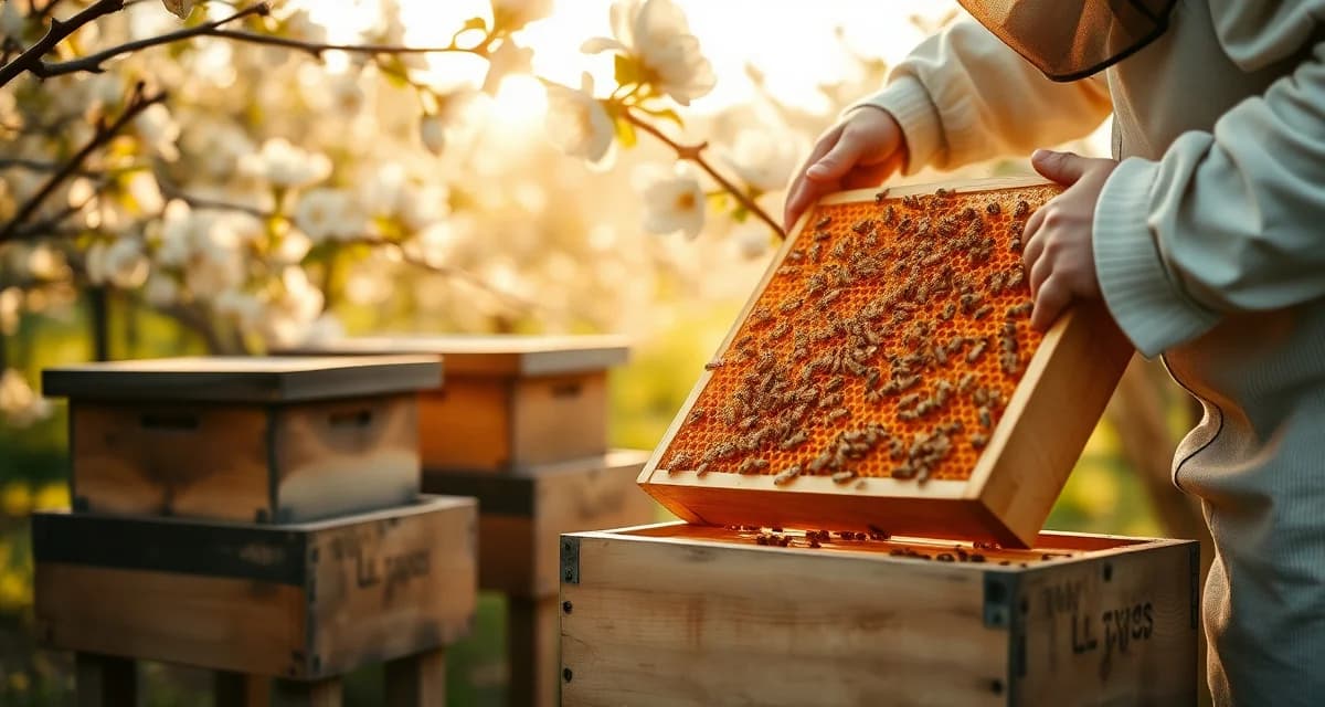 Honeybees pollinating apple blossoms in New York orchard Commercial honeybee colonies positioned in New York apple orchard during spring pollination season with blooming apple trees